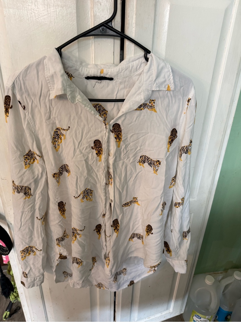 Jane and Delancey White Button-Down Shirt with Yellow & Black Tiger Print